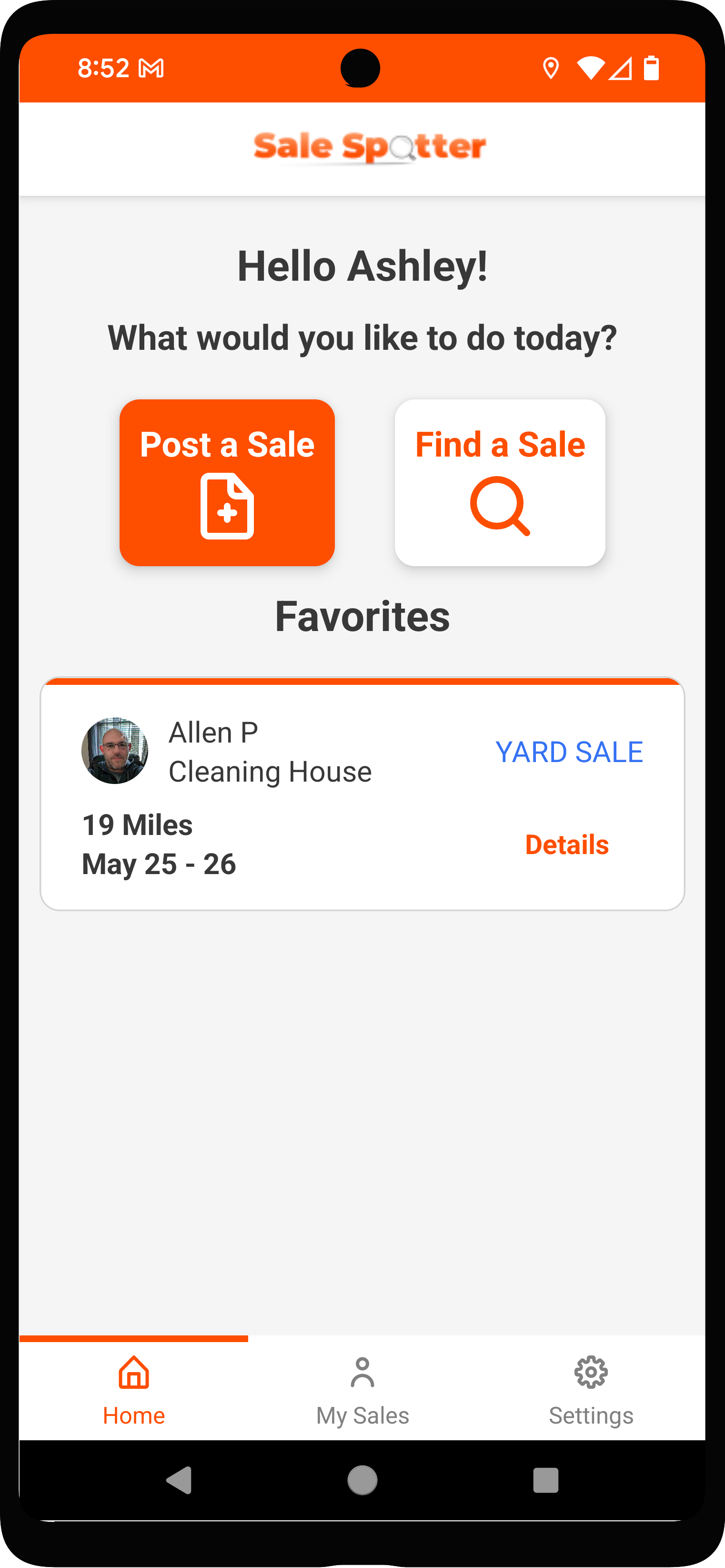 Phone displaying Sale-Spotter app's search screen.