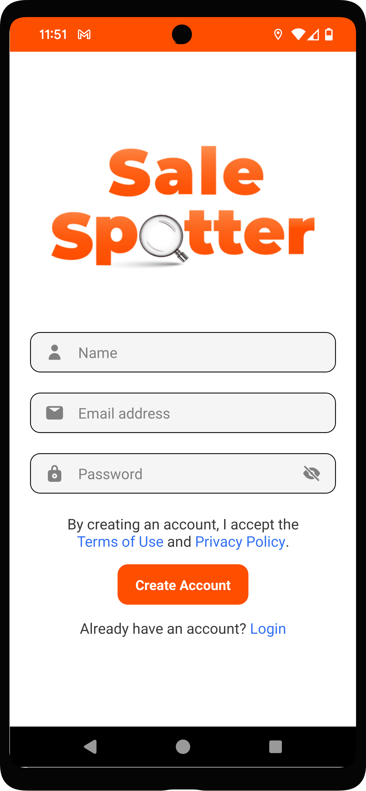 Phone displaying Sale-Spotter app's sign-up screen.